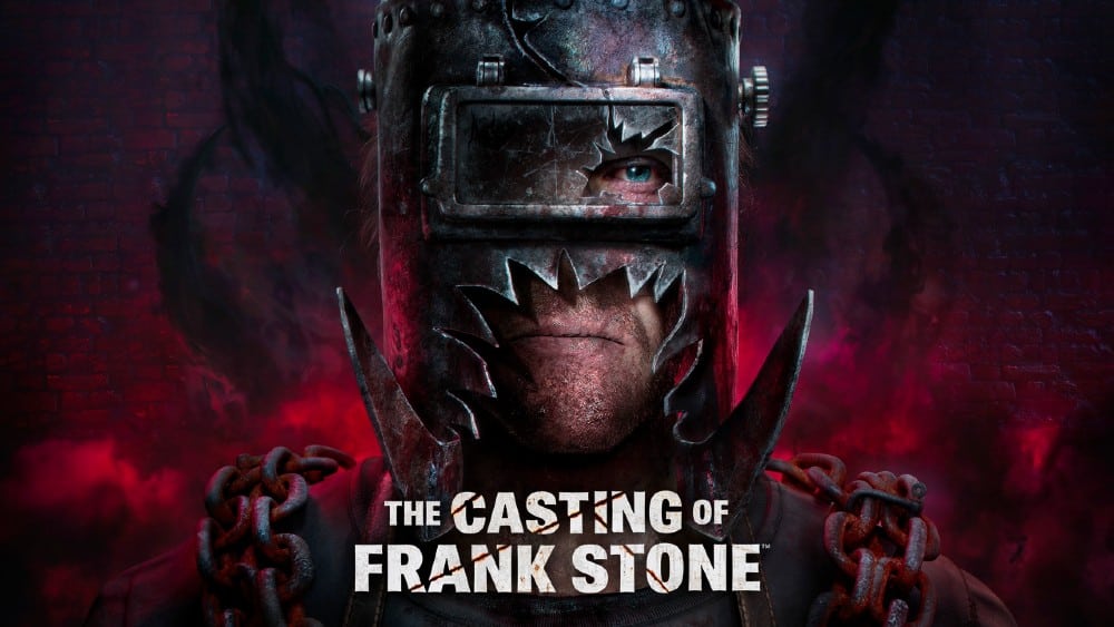 Casting of Frank Stone Game Banner - A person dons a metal helmet with a visor and chains, with "The Casting of Frank Stone" boldly emblazoned at the bottom.