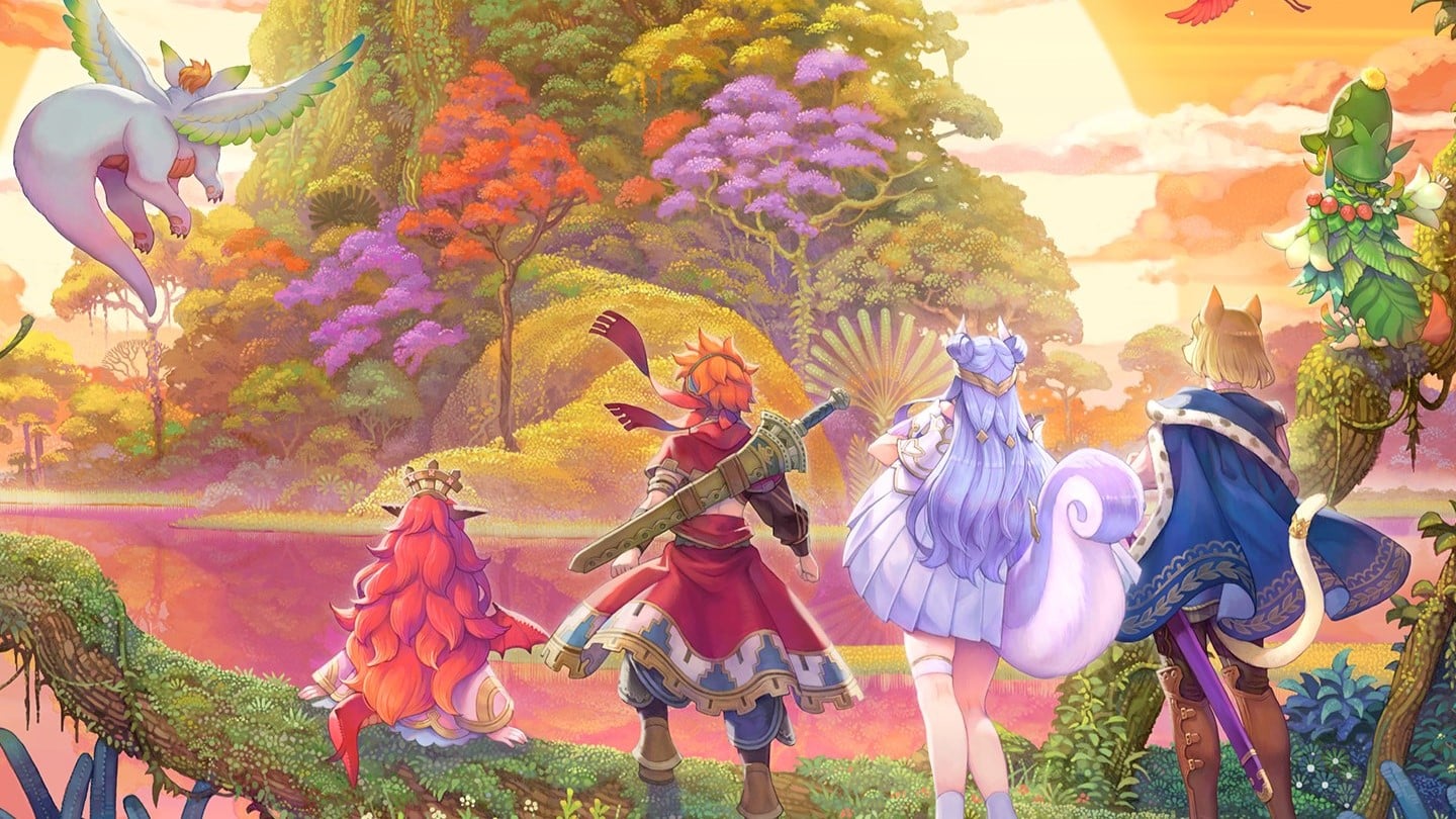 Visions of Mana Game Banner - Fantasy characters with a sword, crown, and animal tails admire a vibrant, colorful landscape with floating islands and creatures as featured in this week's Cloud Dosage Weekly Picks.