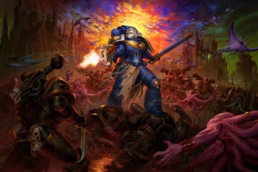 A blue space marine standing over a horde of enemies firing his gun