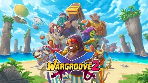 Colorful characters from "Wargroove 2" gather on a tropical beach with the game's logo prominently displayed in the foreground.