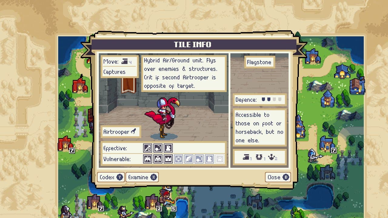 Game screen from Wargroove 2 showing a character profile for a bird-like unit called "Ritrooper" with stats and abilities listed, all set in the strategic world of Wargroove 2.