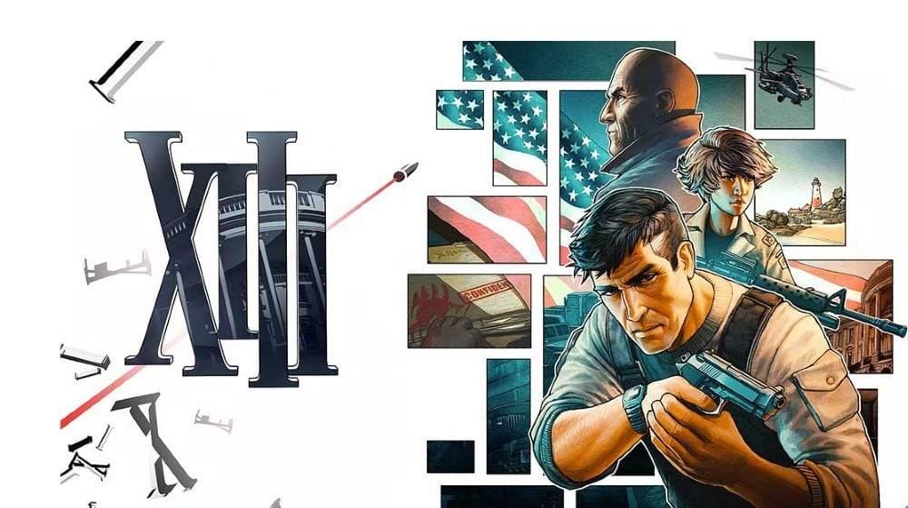 Illustrated cover of "XIII" with armed figures, American flag, and scattered letters against a white and collage background.