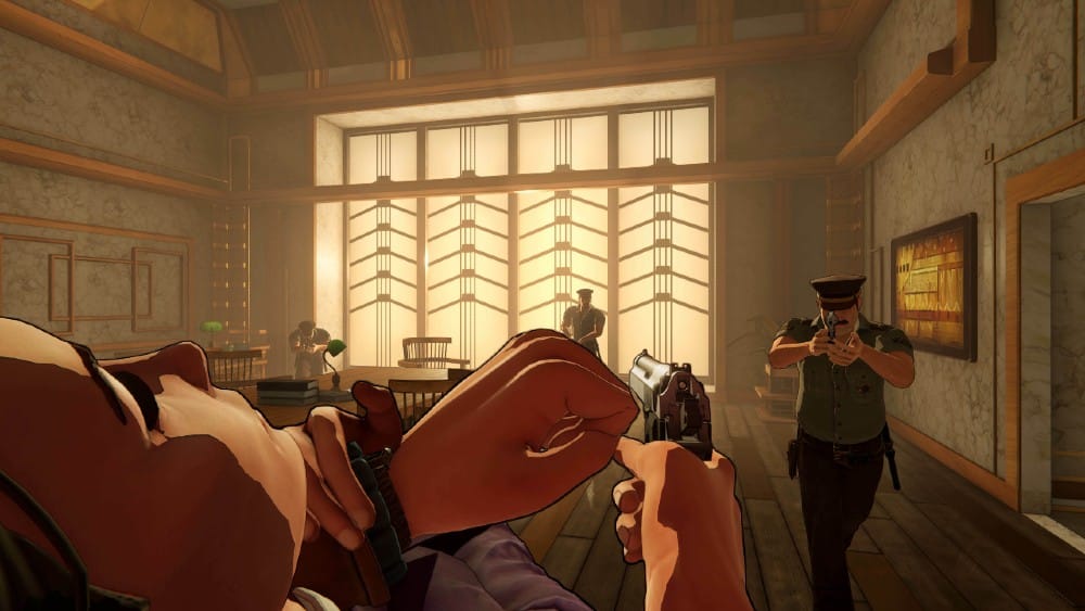 A scene from XIII (Remake) of a shootout between a person with a pistol and two police officers inside a sunlit room.