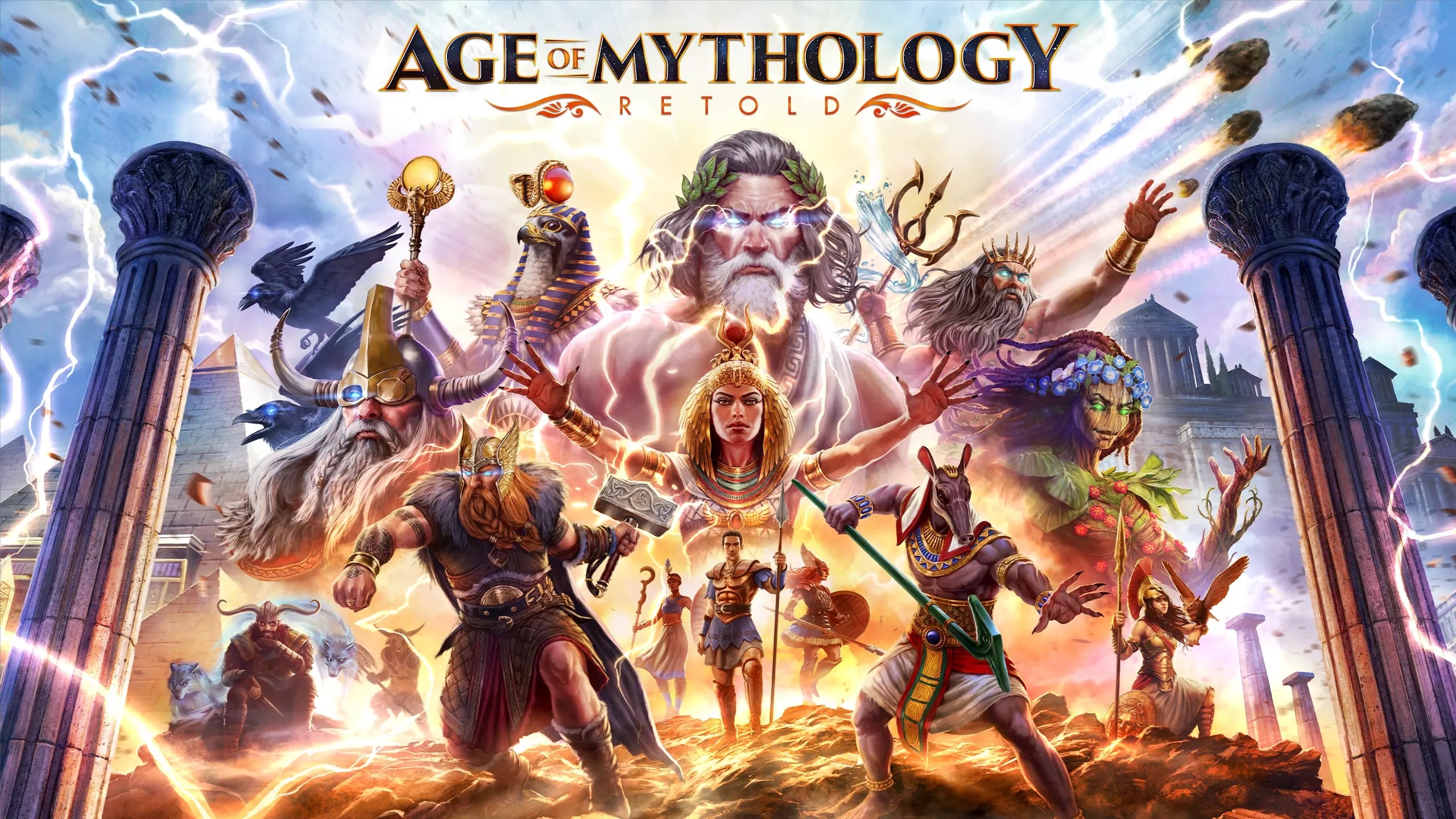 Epic mythological scene with gods and heroes from various mythologies, depicting the video game 'Age of Mythology: Retold.' Catch the latest insights in our Age of Mythology Retold Review.