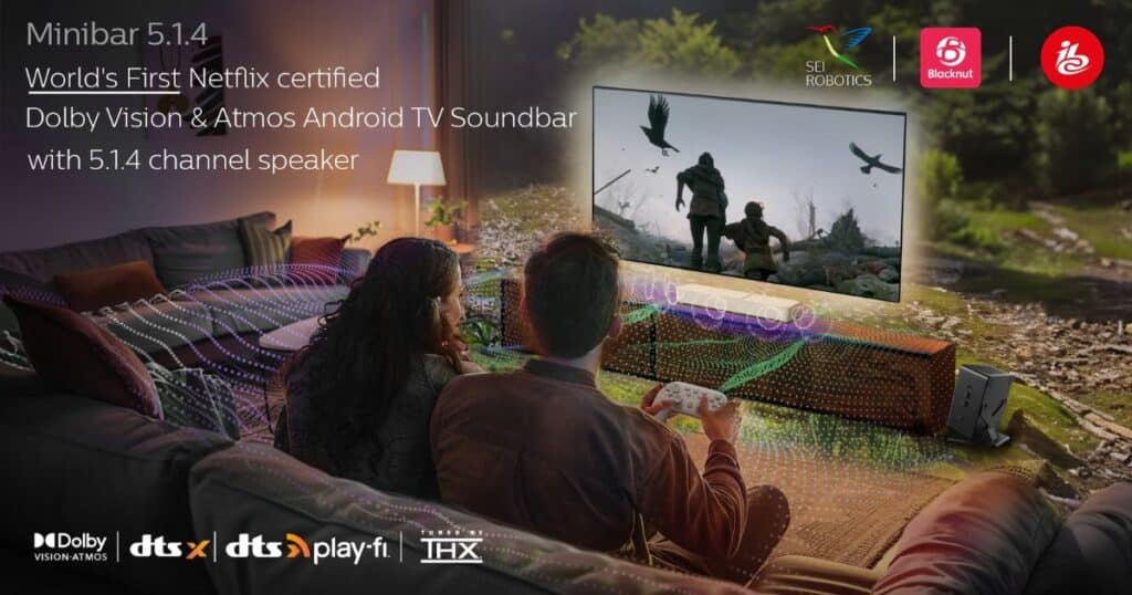 People watching playing a cloud game on the TV with a game controller and a Minibar Soundbar, showing Dolby Vision and Atmos logos. Text about world's first Netflix certified soundbar.