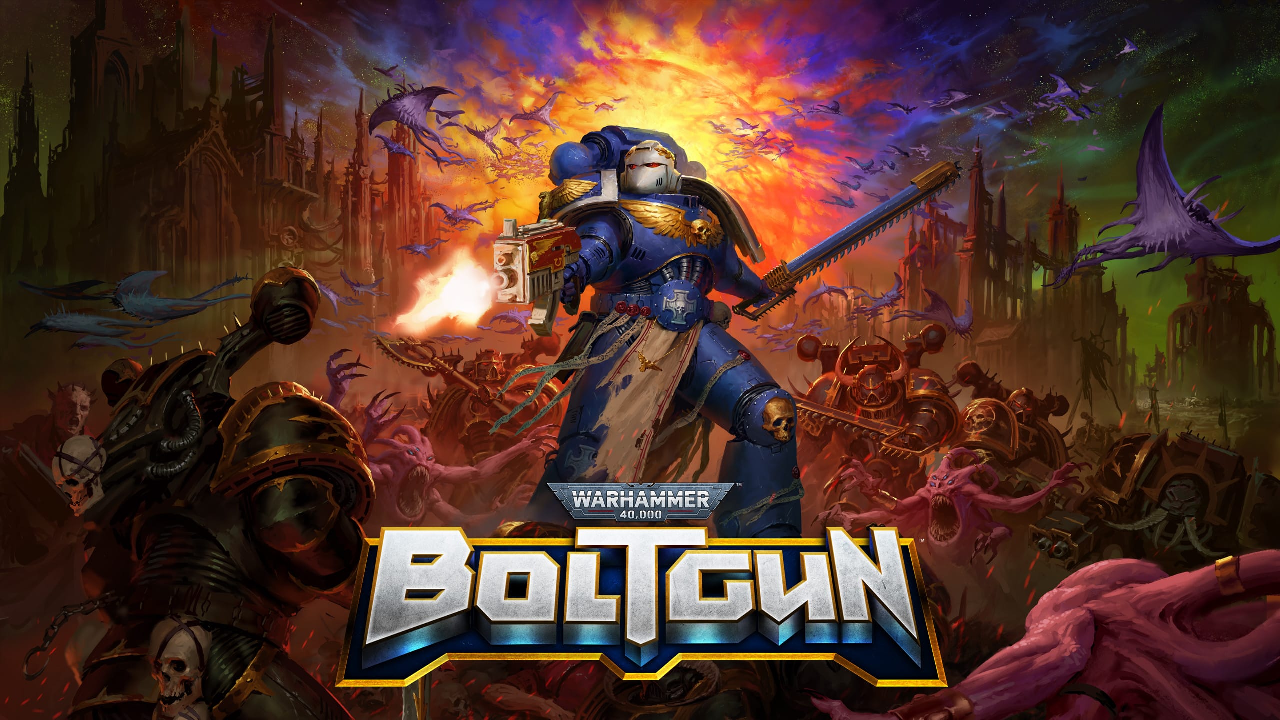 A blue-armored warrior fights monsters in a sci-fi battle scene, with the "Warhammer Boltgun" logo at the bottom.