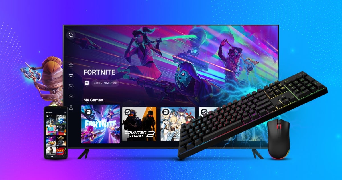 TV screen displaying Fortnite, a gaming setup with a keyboard, mouse, smartphone, and figurine on a colorful background.