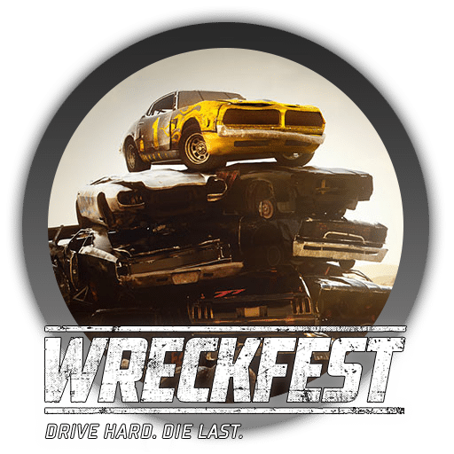 An image featuring a yellow car on top of a pile of wrecked cars with the text "Wreckfest: Drive Hard. Die Last." stands out.