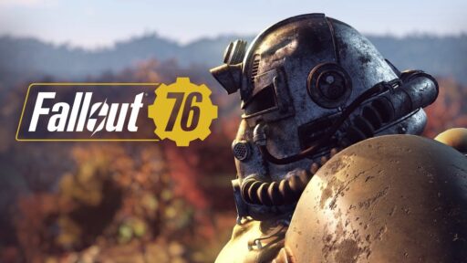 Close-up of a character in power armor from Fallout 76, with the game logo on the left and a scenic backdrop.