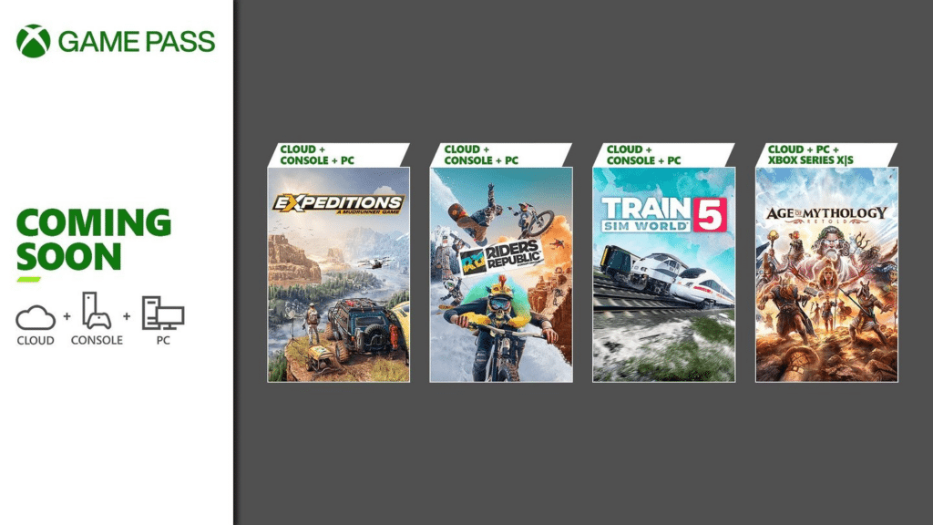 An Xbox Game Pass announcement for September features four exciting additions: Expeditions, Riders Republic, Train Sim World 5, and Age of Mythology. Get ready to dive into epic adventures with the latest Xbox September Game Pass Games!