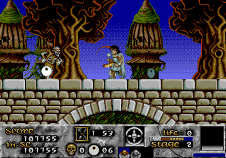 Risky Woods game capture - a character on a bridge battles a skeleton in Risky Woods; the HUD displays score, lives, and weapon status as seen on Antstream Arcade.