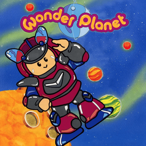 Wonder Planet Game Banner - Cartoon astronaut salutes in space with "Wonder Planet" text above, colorful planets, and blue background. Explore a galaxy of fun.