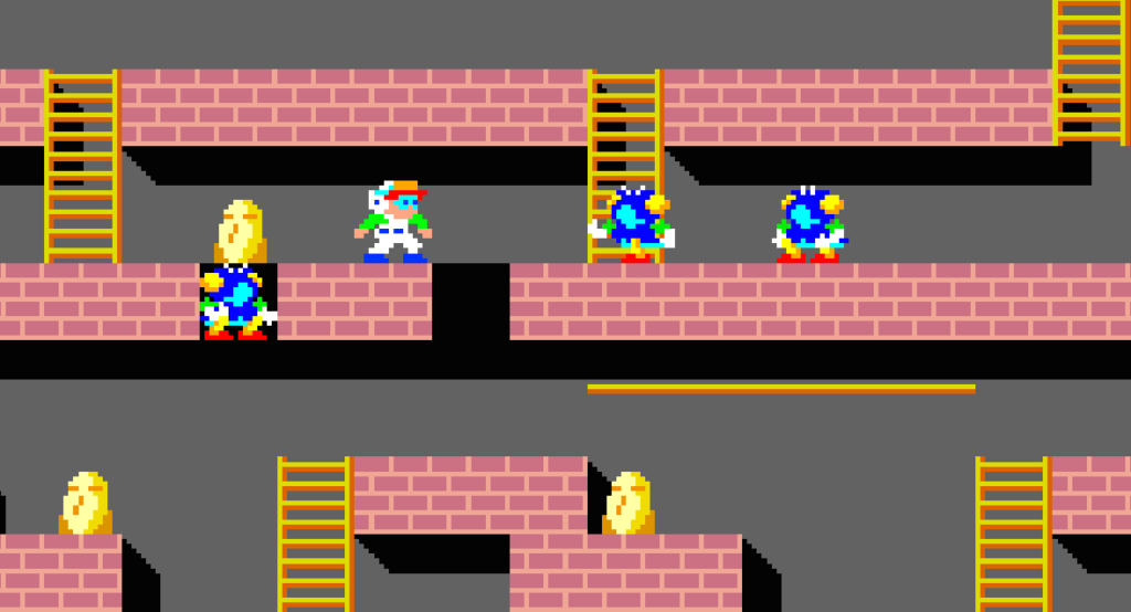 Lode Runner II: The Bungeling Strikes Back retro video game screenshot featuring a character climbing ladders and collecting gold, with enemies in a multi-level brick maze. One of two games Antstream Arcade adds to its classic collection, bringing even more excitement to retro gaming fans!