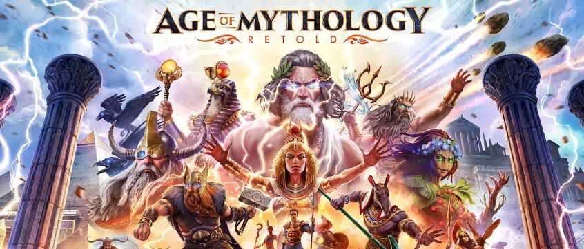 Vibrant cover art for 'Age of Mythology Retold,' depicting various mythological gods and creatures beneath a dramatic sky, setting the stage for an epic adventure. This stunning visual invites an Age of Mythology Retold review to unfold the magic within.