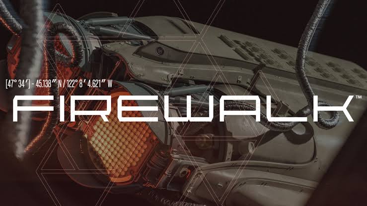 Firewalk Studio Banner - Close-up of mechanical components with the text "FIREWALK" and GPS coordinates above it.