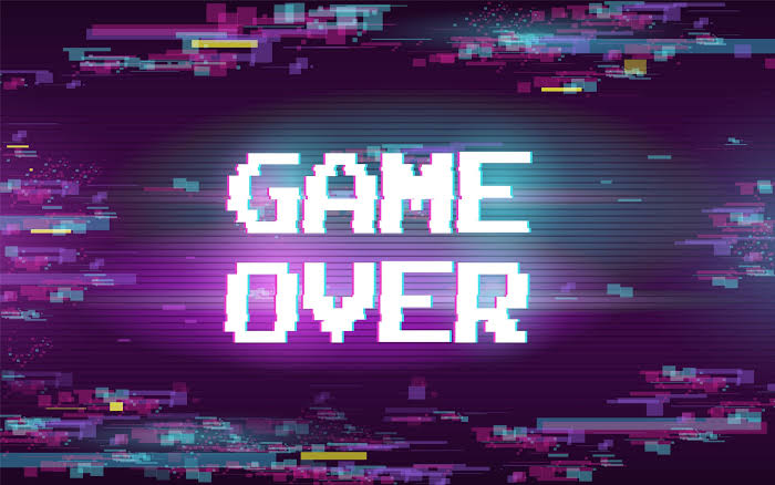 Game Over" text in white pixelated font with a glitch effect on a dark purple background, capturing the moment of game shutdown.