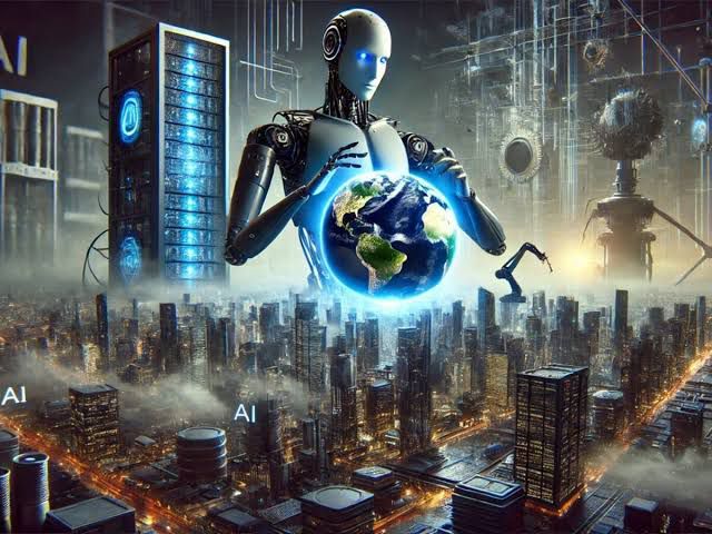 A robot AI holding planet earth, symbolizing the AI Singularity