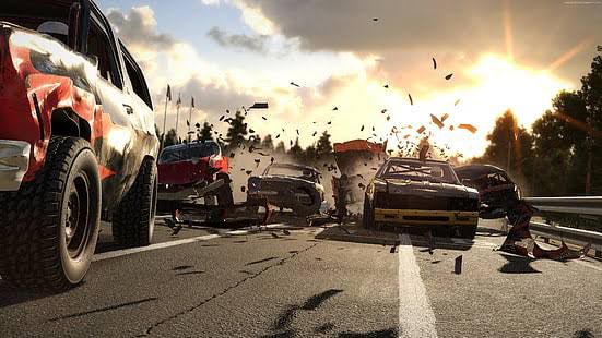 A chaotic multi-car crash on a highway at sunset resembled a from Wreckfest marketing material - debris flying and damaged vehicles scattered everywhere.