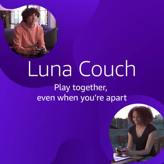 Two people playing games on separate screens with text "Luna Couch - Play together, even when you’re apart" on purple background, showcasing a potential GeForce NOW enhancement.