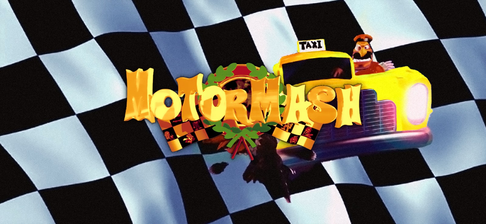 Motor Mash Game Banner - Cartoon taxi with a bear driver and text "MotorMash" on a checkered background.