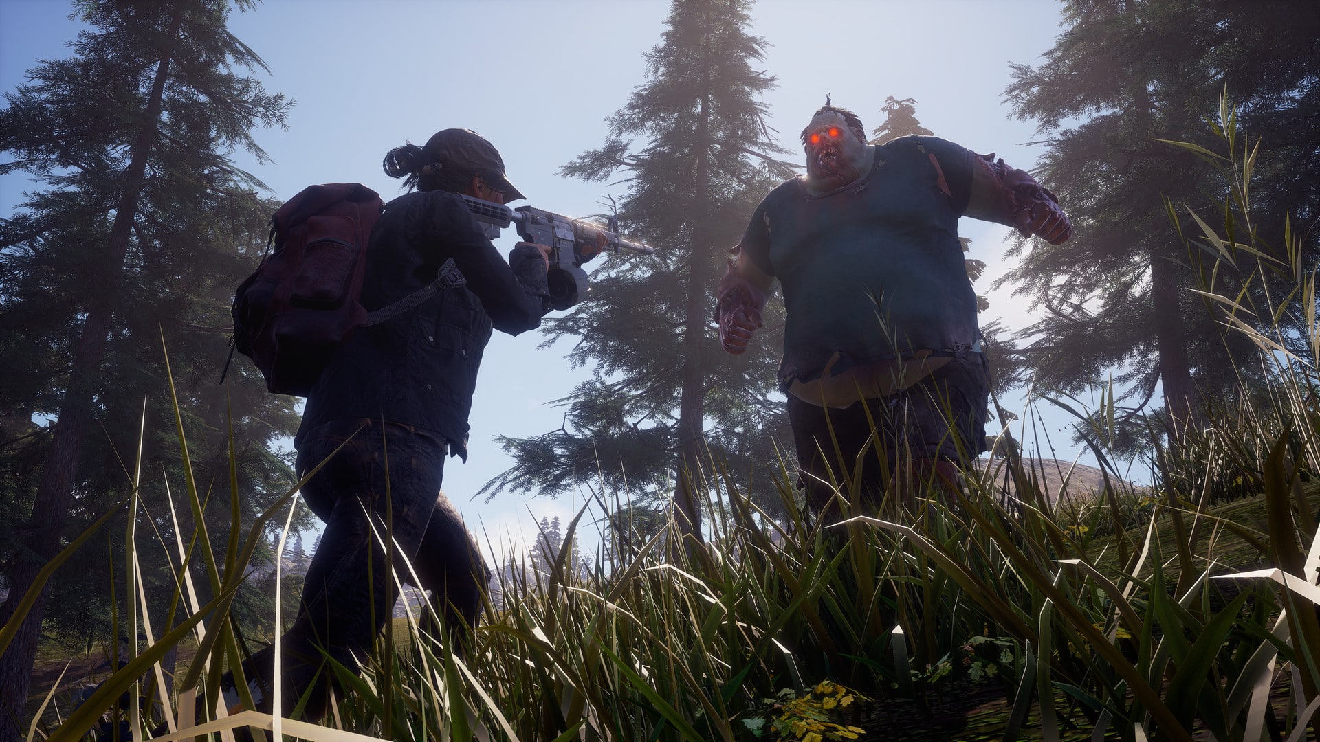 State of Decay 2 Capture - A person in dark clothing confronts a large, zombie-like creature in a forest with a gun, reminiscent of intense moments in "State of Decay 2," which is set to get its final update.