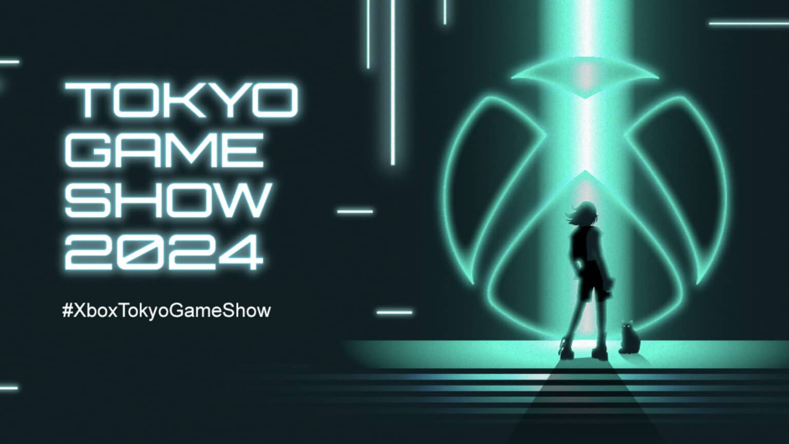 Futuristic poster for Tokyo Game Show 2024 featuring a silhouetted figure and a robot under a glowing symbol. #XboxTokyoGameShow.