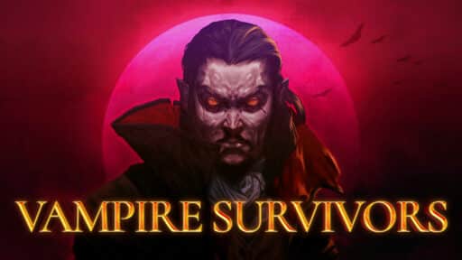 Vampire Survivors Game Banner - Vampire character with glowing eyes in front of a full moon, with "Vampire Survivors" text at the bottom.