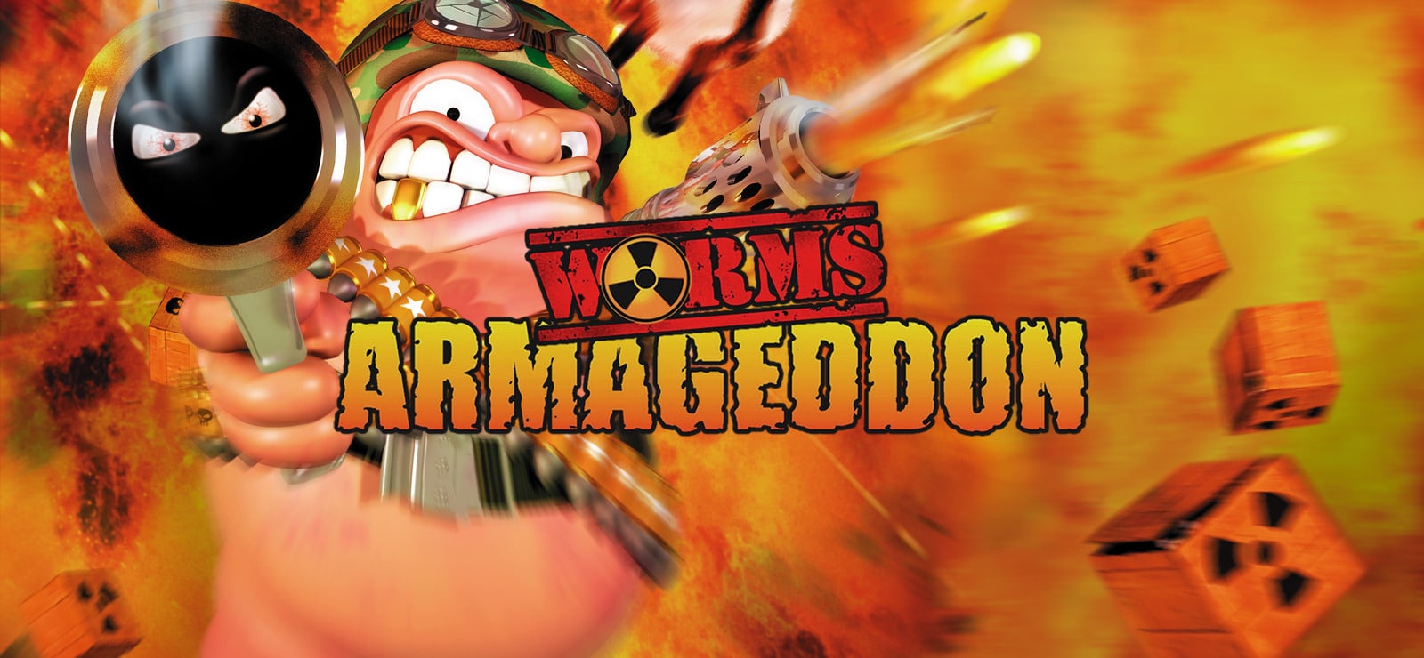 Worms Armageddon" game cover: Cartoon worm holding a large weapon with explosions and flames in the background.