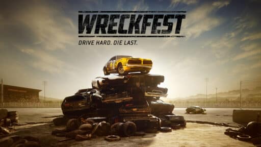 Wreckfest Game Banner - A yellow car atop a pile of wrecked cars with the text "Wreckfest: Drive Hard. Die Last." stands prominent in the racing arena backdrop, capturing the thrilling chaos that every Wreckfest review raves about.