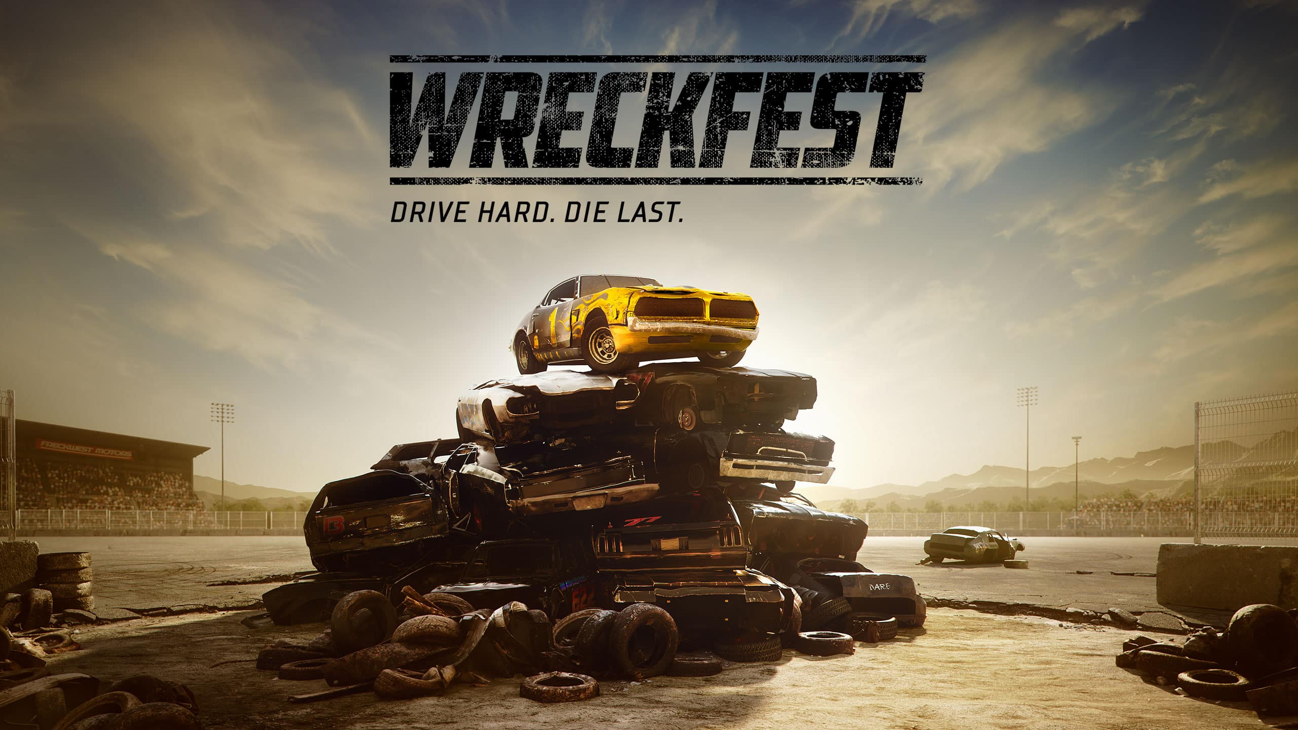 Wreckfest Game Banner - A yellow car atop a pile of wrecked cars with the text "Wreckfest: Drive Hard. Die Last." stands prominent in the racing arena backdrop, capturing the thrilling chaos that every Wreckfest review raves about.