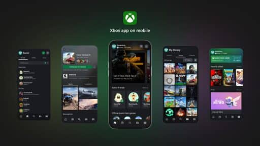 Five screenshots display various features of the Xbox mobile app against a dark background.