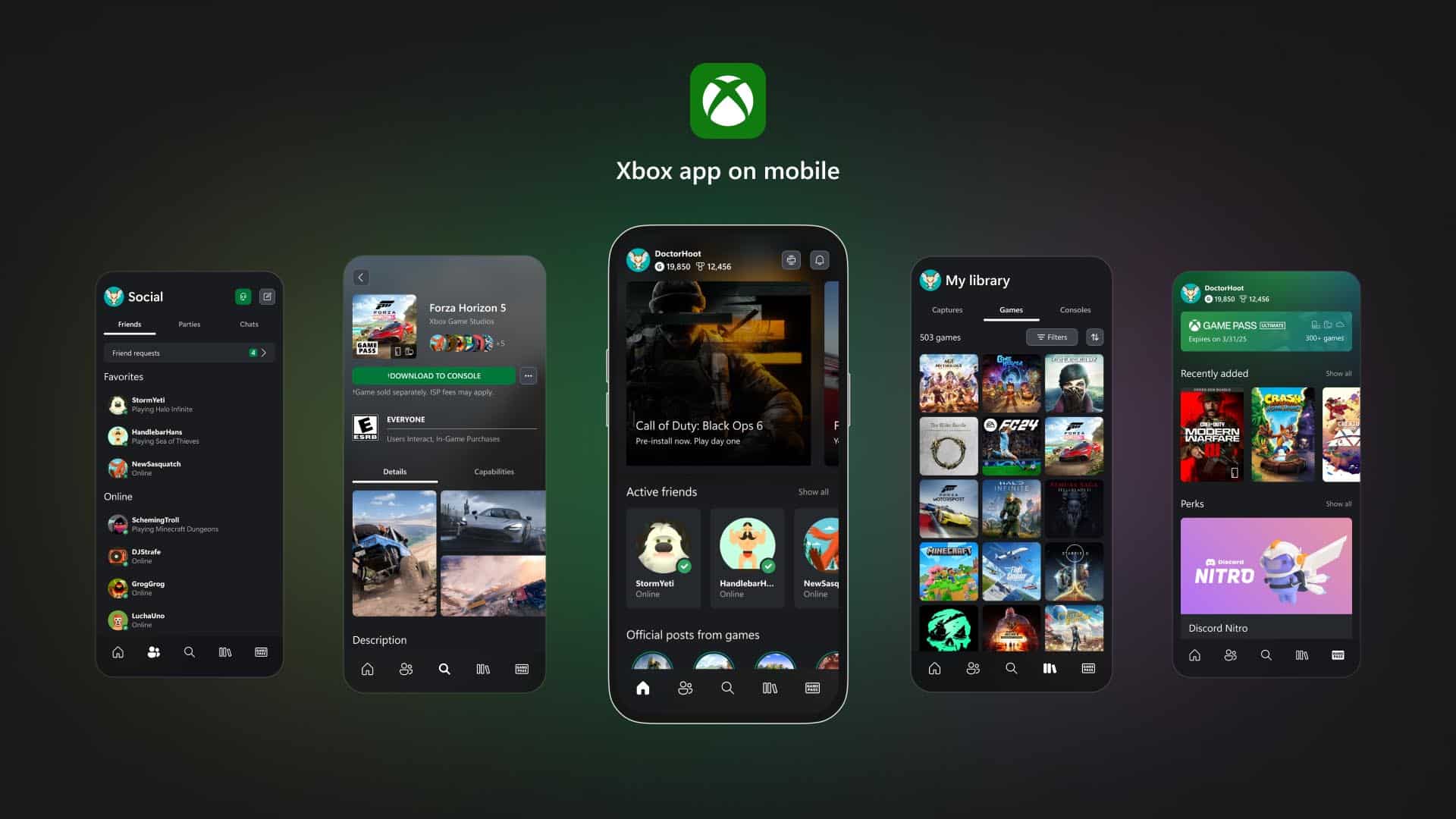 Five screenshots display various features of the Xbox mobile app against a dark background.