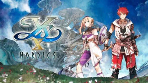 Cover art for Ys X: Nordics, featuring two fantasy characters with mountains and giant trees in the background.