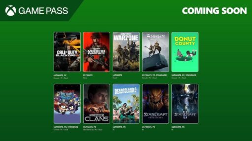 Xbox Game Pass lineup featuring Call of Duty titles, Ashen, Donut County, and more. "Coming Soon" text at the top.