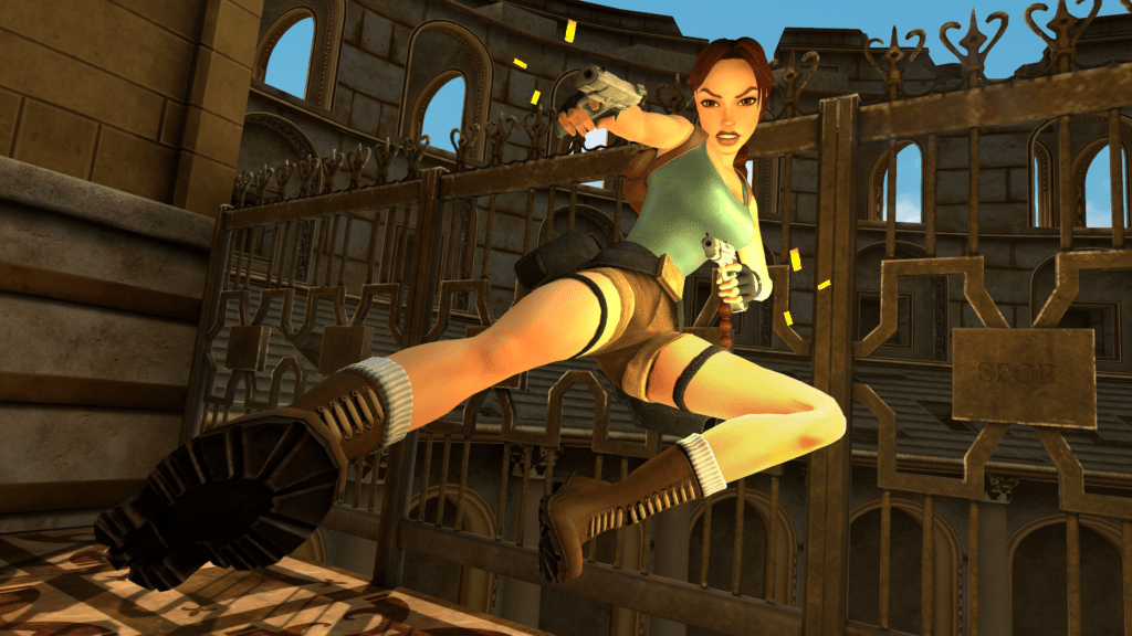 Lara in adventure gear leaping with a gun in hand in a historic, ornate architectural setting.