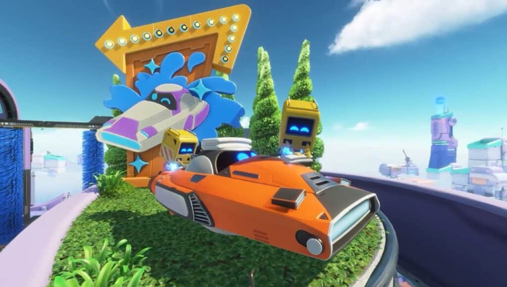 A scene from Astro Bot Building Speed, a futuristic orange hovercar near vibrant signs on a curved road with a bright sky background.