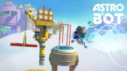 Astro Bot jumping on platforms in a colorful, futuristic sky setting with structures and robots.