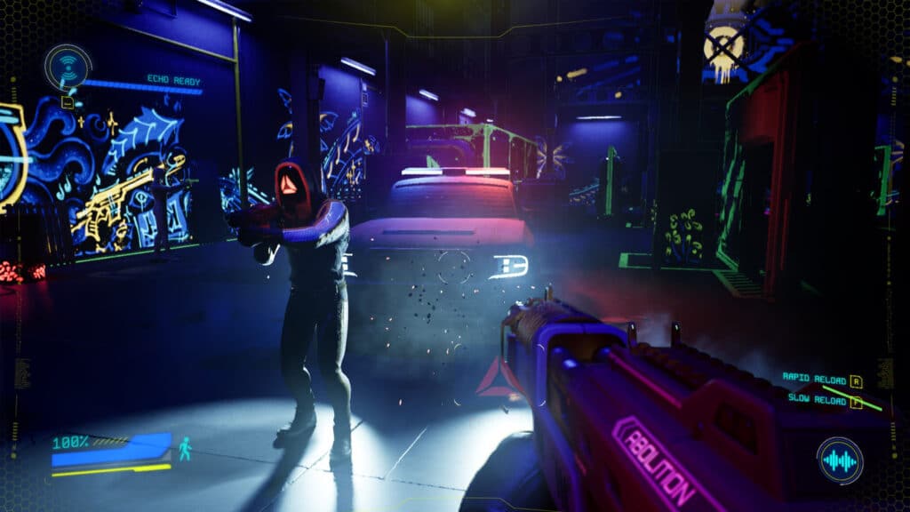 From the Xbox Partner Preview October 2024, a scene from first-person shooter Blindfire with a police car, neon lights, and an armed character in a mask.