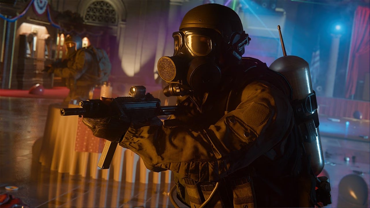 In a dimly lit, decorated indoor setting, a figure in tactical gear and gas mask aims a weapon, capturing the intense atmosphere reminiscent of Call of Duty: Black Ops 6.