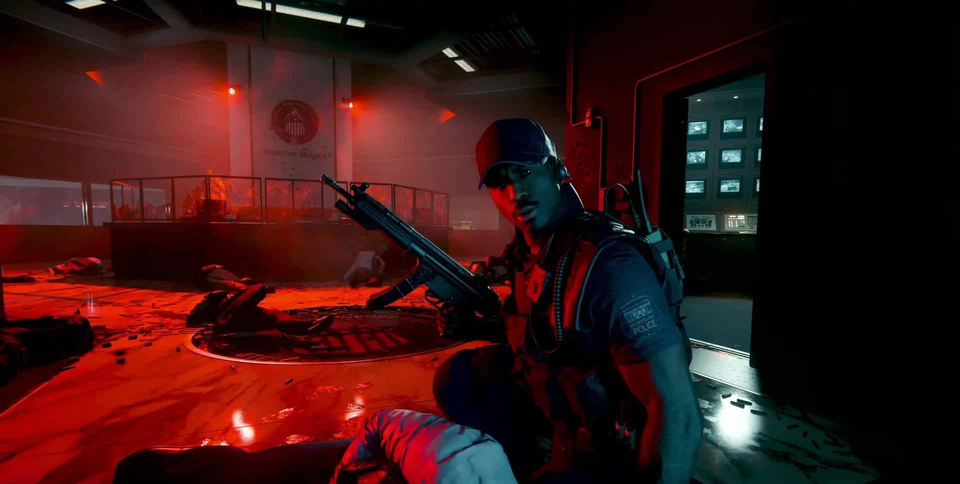 In a dimly lit room awash with red light, a person grips a firearm, framed by the glow of monitors buzzing like a scene straight out of Call of Duty: Black Ops 6.