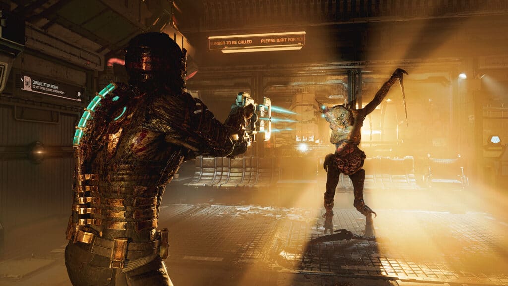 In Dead Space, one of the scariest games to play, a space-suited figure aims a weapon at a monstrous creature in a dimly lit, industrial sci-fi environment.