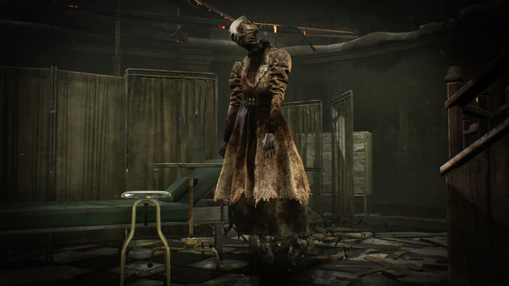 A scene from Dead by Daylight where a headless, ghostly figure in a tattered dress stands in a dark, abandoned hospital room—like a scene from the scariest games to play this Halloween.