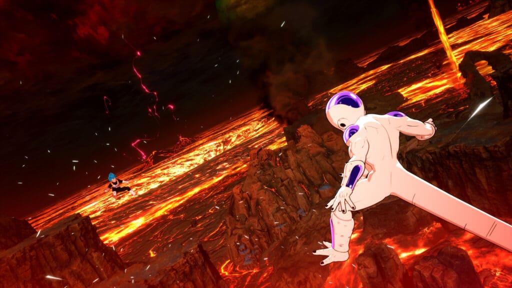 Amidst the fiery landscape with lava and ash erupting around them, two animated characters face off in a scene reminiscent of Dragon Ball: Sparking! Zero, their energy crackling as they prepare for an epic showdown.