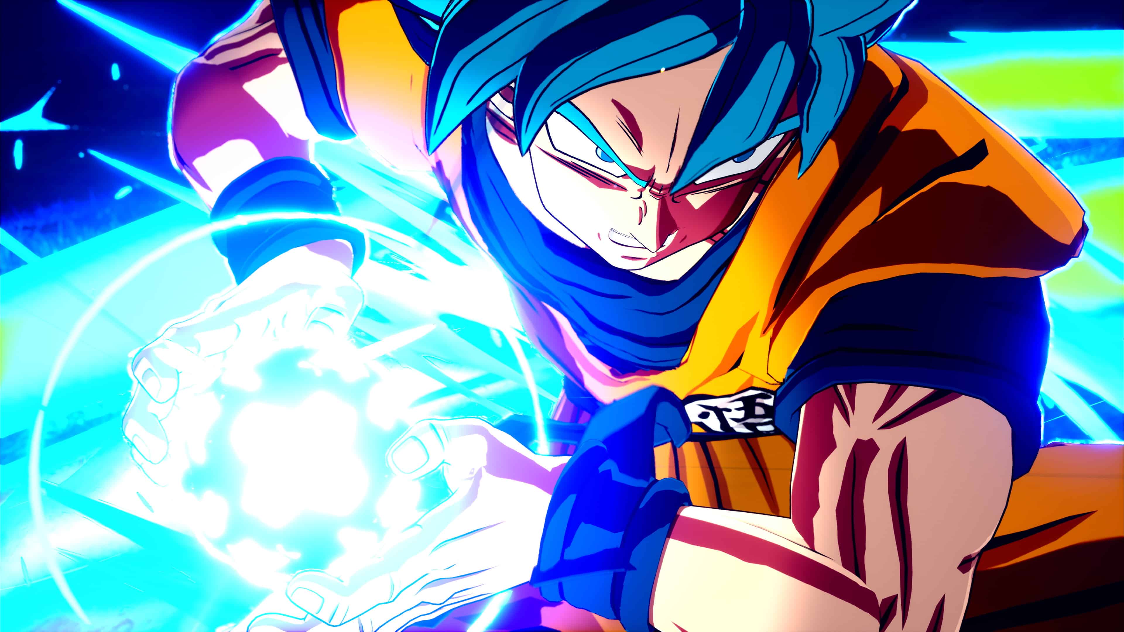 In a nod to Dragon Ball: Sparking! Zero, the animated character with blue hair charges an energy ball in a dynamic action pose, surrounded by a glowing aura.