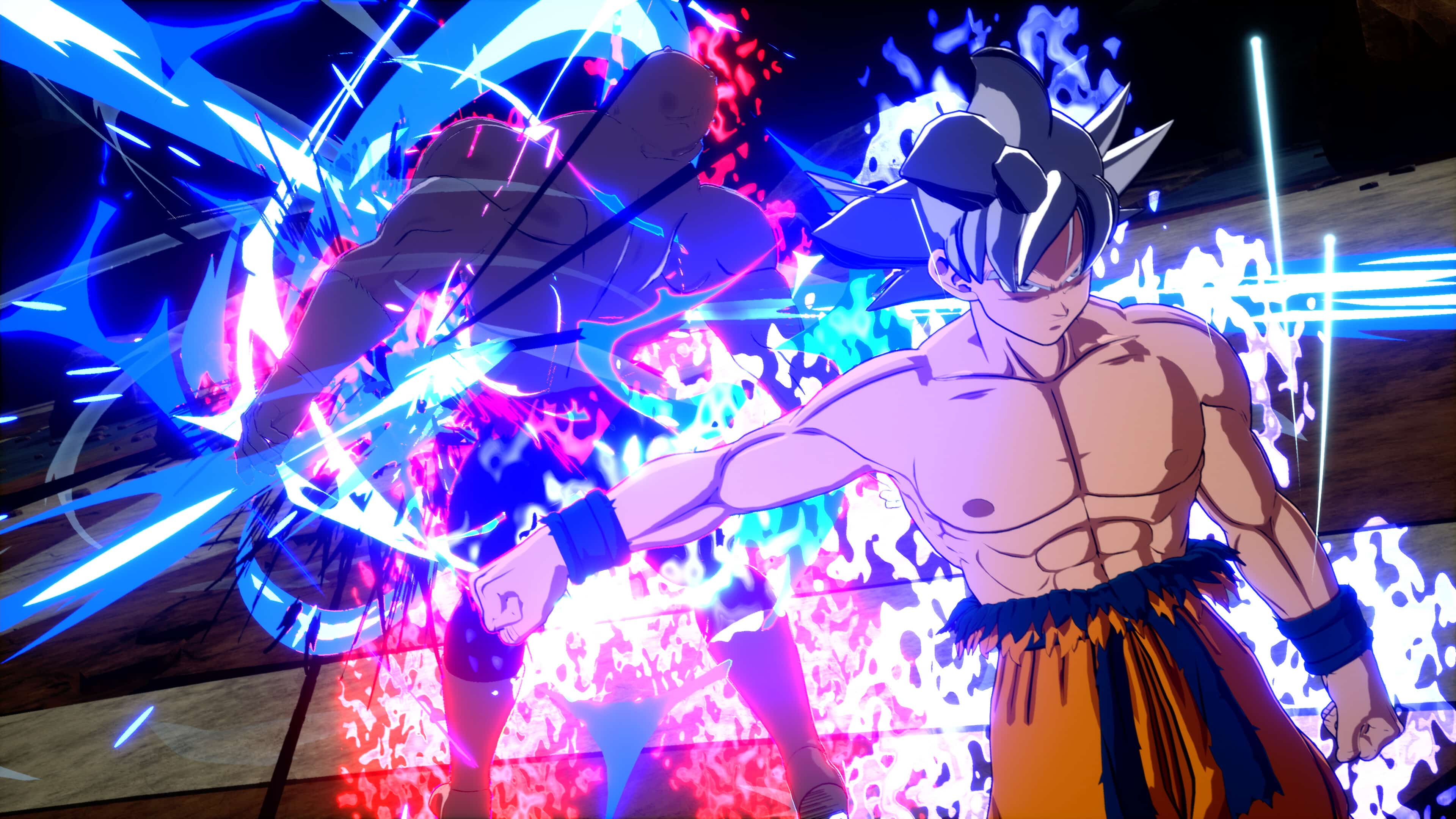 An anime character, reminiscent of Dragon Ball: Sparking! Zero, powering up with bright blue and red energy, stands shirtless with a clenched fist and focused expression.