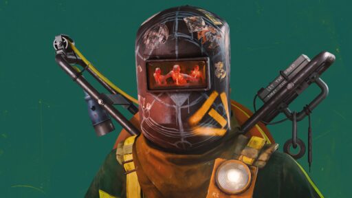 From the Xbox Partner Preview October 2024. A person in a painted welding helmet with tools on their back, against a green background from FBC: Firebreak.