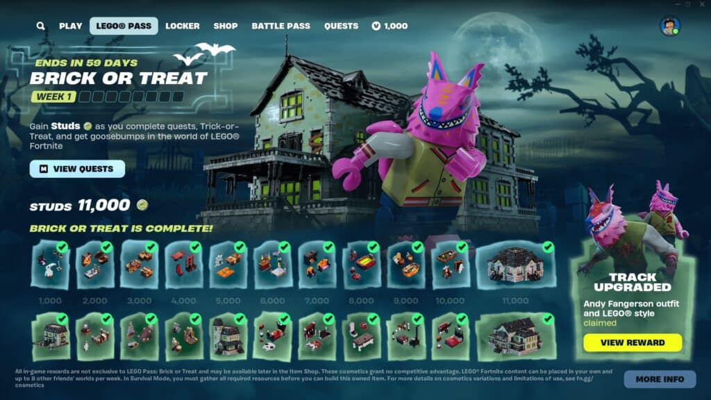 The LEGO Fortnite game menu showcases a spooky Brick or Treat Halloween theme, complete with a haunted mansion and a unique Halloween LEGO character that adds an exciting twist for players.