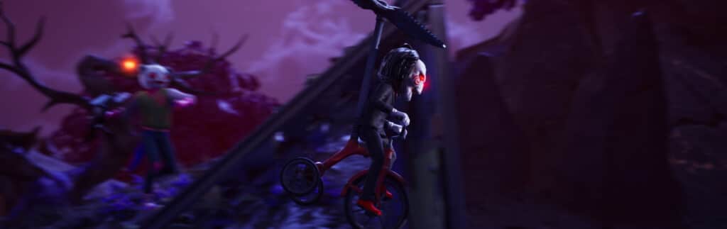 Amidst a Fortnitemares 2024 landscape, Boom Billy, a creepy character on a tricycle grips a chainsaw, set against an eerie backdrop, as another figure ominously approaches.