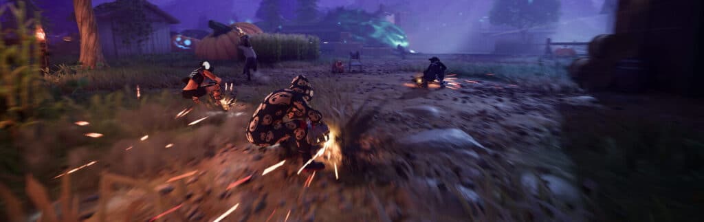 In Fortnitemares 2024 three hooded figures with glowing hands crouch on a path at night, surrounded by eerie lights and a misty landscape.