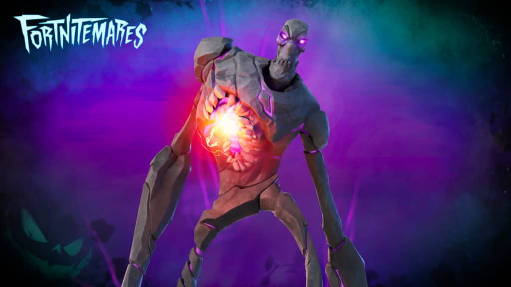 Horede rush returns in Fortnitemares 2024. A glowing rock monster with purple eyes stands against a dark, misty background.